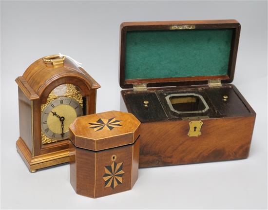 A walnut mantel clock, a Georgian inlaid mahogany tea caddy and a 19th century mahogany tea caddy (3) Tea caddy 12cm high